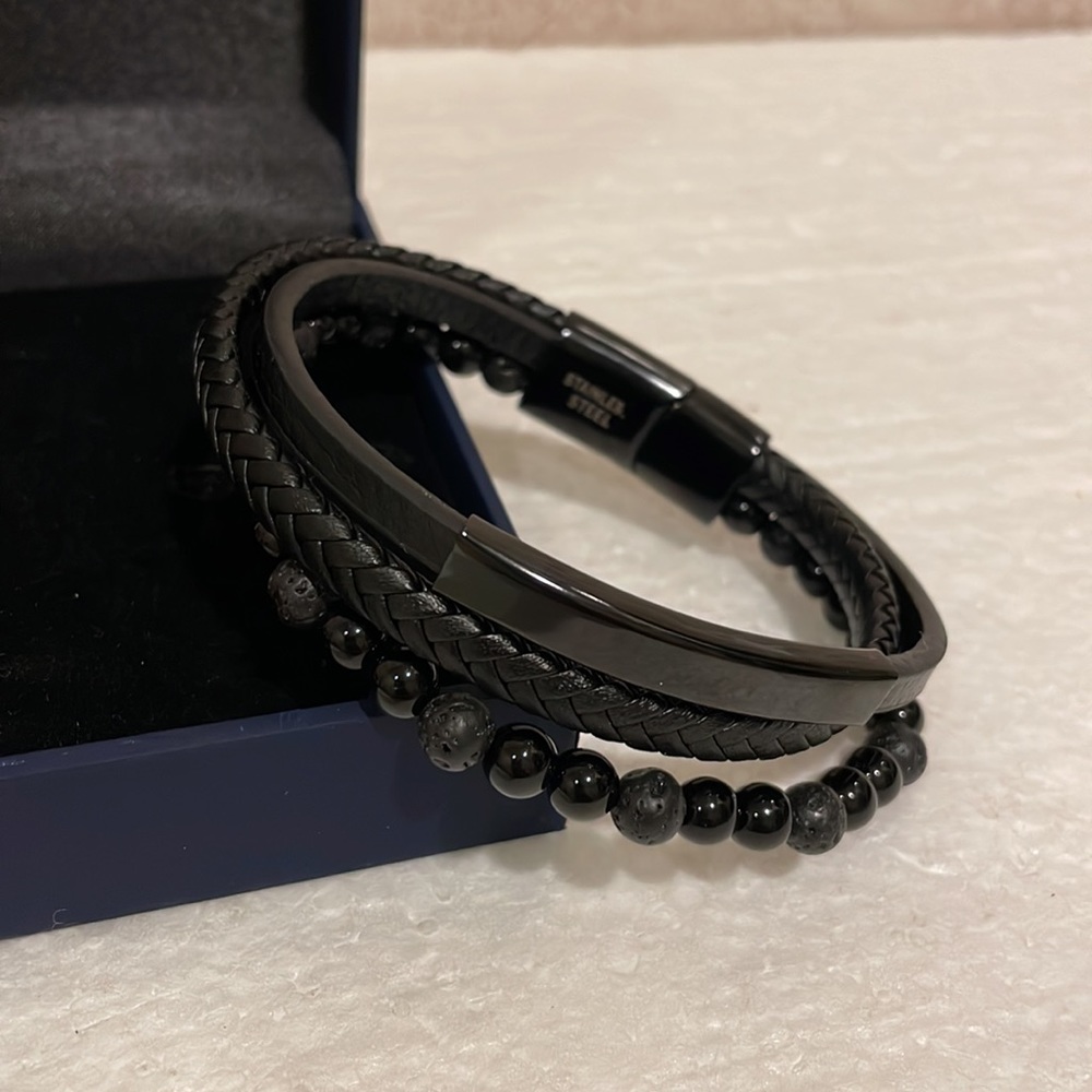 NEW Black Onyx and bead Stainless Steel Triple Wrap Men’s Bracelet 8.5”